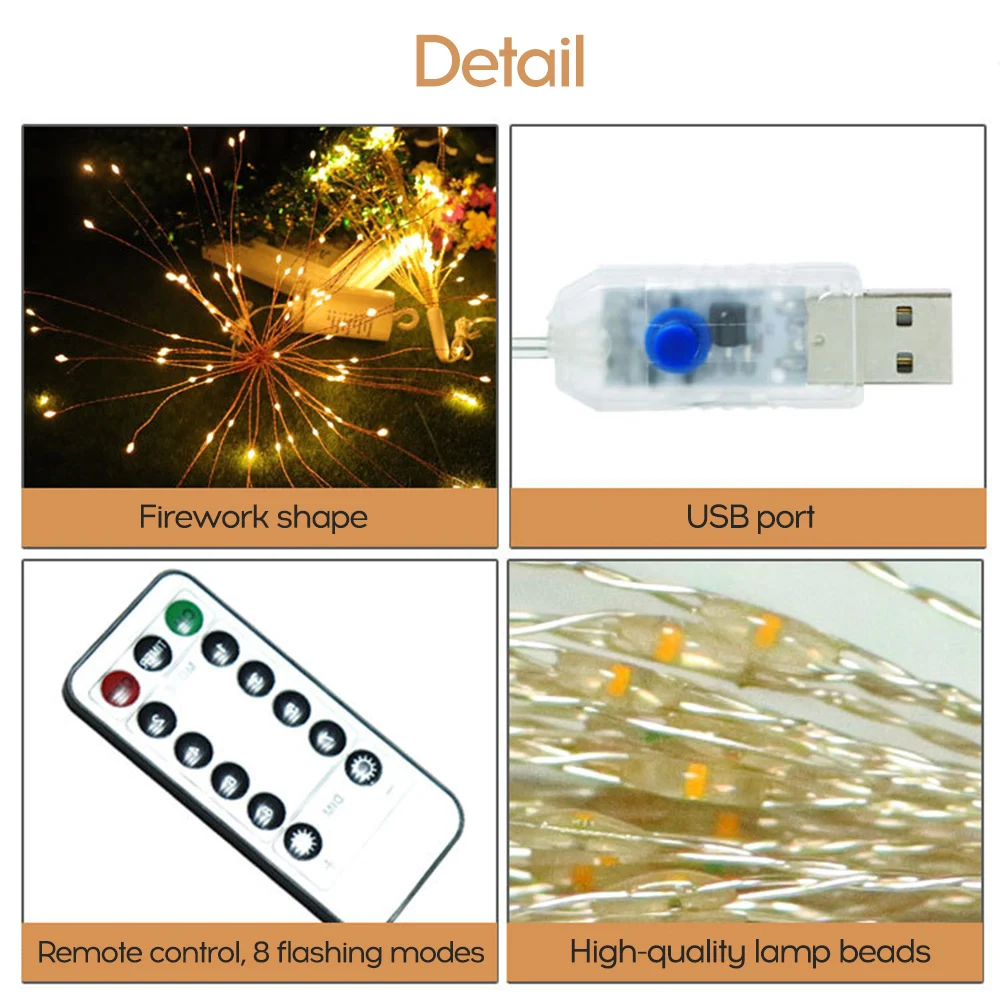 

8 Modes Dimmable LED Firework Lights Fairy String Light with Remote Control Home Christmas New Year Hanging Light