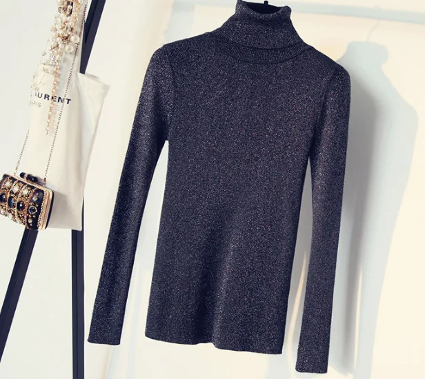 Shiny Lurex Autumn Winter Sweater Women Long Sleeve Turtleneck Pullover Basic Sweaters Korean Style Knit Tops Femme | Женская одежда
