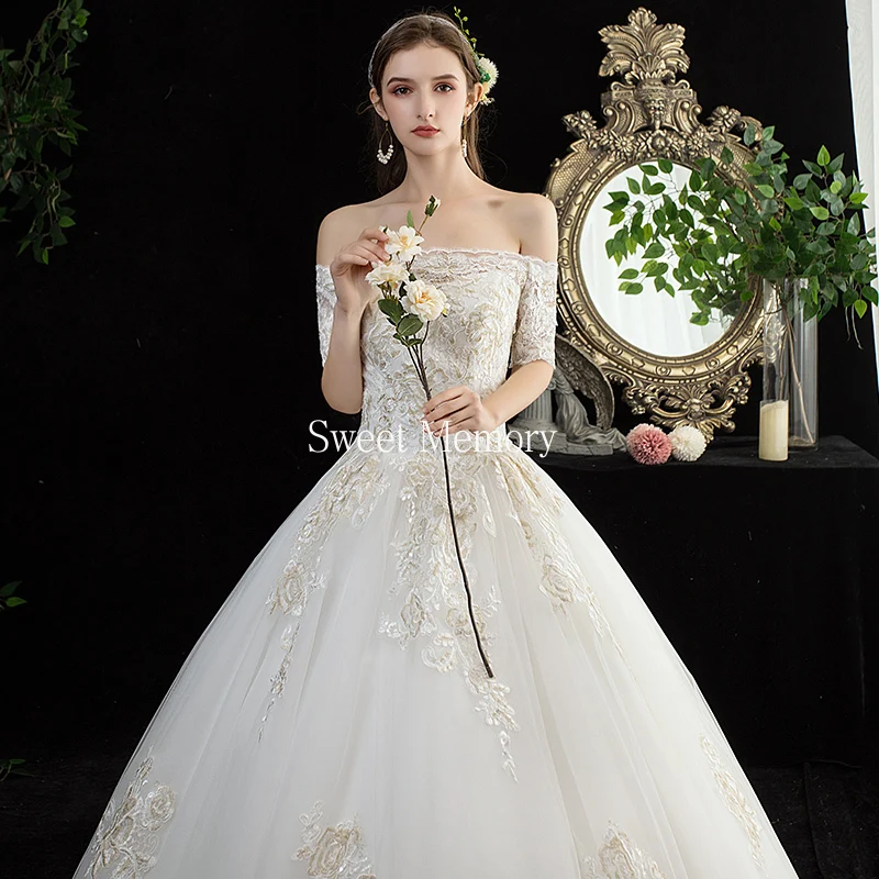 

2021 Wedding Party Dress Elegant Women Short Sleeve White Lace Up Luxury Wedding Dresses Bride Plus Size Ball Gown Sweet Memory