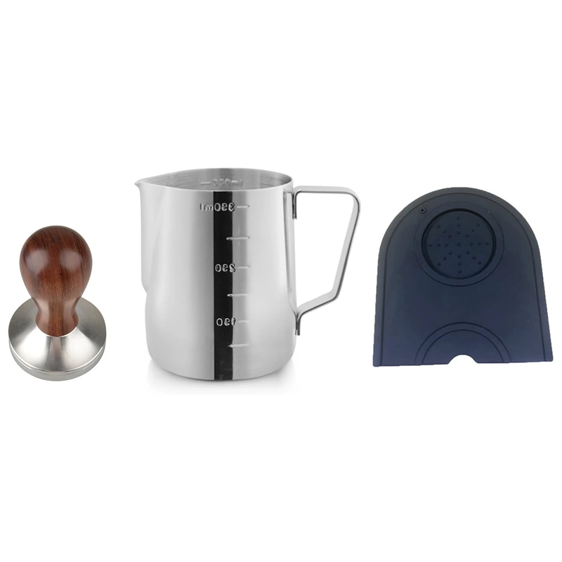 

3Pcs/Set Coffee Utensils 51mm Wooden Handle Coffee Powder Tamper Silicone Coffee Grinding Pad 350ML Pull Flower Cylinder