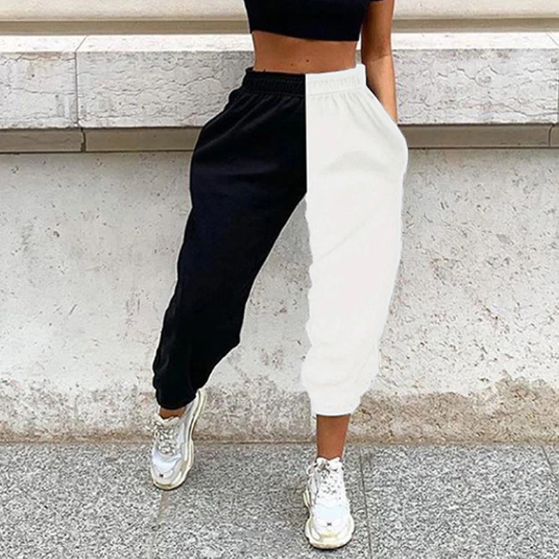 

Black high waist jogger pants women sweat pants winter color block pants women korean sweatpants streetwear