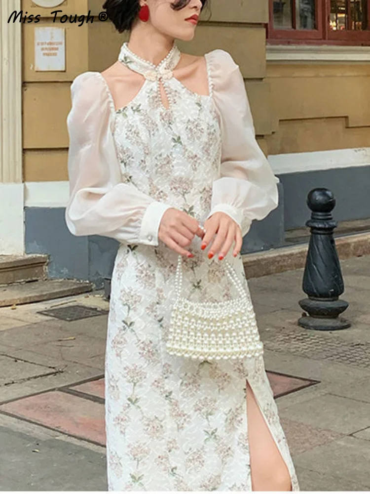 

Женское кружевное платье-миди, с цветочным принтом, с разрезом, в стиле ретро, в стиле бохо, для вечерние, в Корейском стиле, на осень, 2021