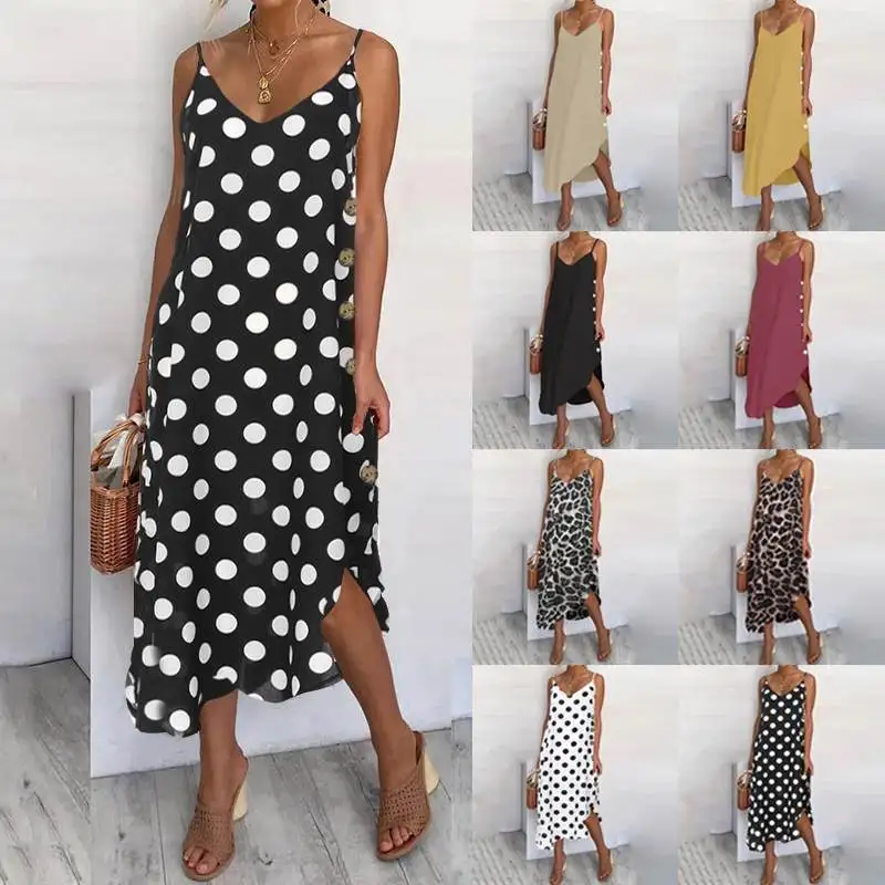 

Sundress Celmia Women Summer Dress 2021 Sexy Straps Casual V neck Sleeveless Point Dot Vestidos Asymmetric 7