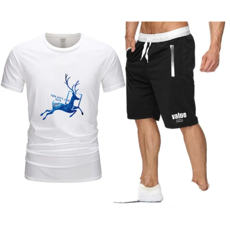 

Men Sets Tshirt+Shorts Print Elk Cotton Hip Hop Tracksuit Sportswear T shirt Men Shorts Tee Shirt Short Homme Summer Man Set New