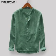 INCERUN Men Casual Shirt Stand Collar Long Sleeve Tops Pullover Leisure Button Japanese Men Basic Shirts Camisa Harajuku  2021