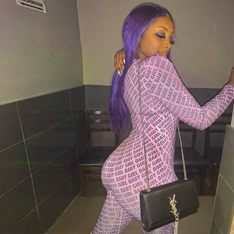 

CIBBAR Casual Letter Print Jumpsuit Women Long Sleeve Zipper Sporty Fitness Overalls Bodycon Workout Outfits Fashion Street Wear
