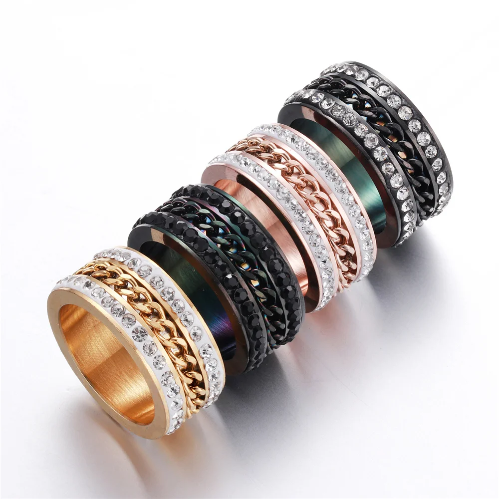 

Anxiety Fidget Spinner Rings for Men Women Stainless Steel Iced Out Spinning Rotate Chain Ring Punk Anti Stress Jewelry