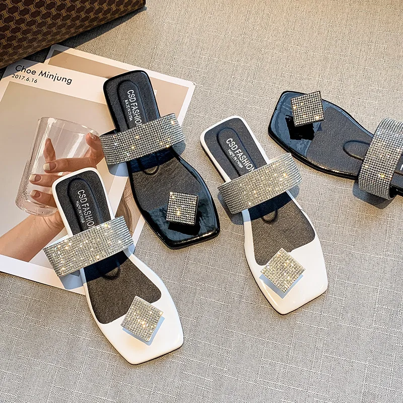 

Luxury Crystal Women Sandals Clip Toe Slip-on Beach Slipper Shoes Woman Flat Heel Sandalias De Mujer 2021 Spring Summer Big Size