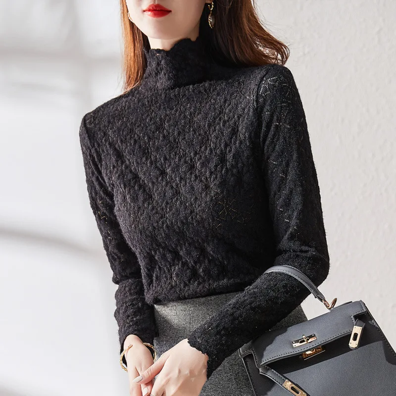 

Новинка Осень-зима 2021, кружевная блузка с матовым дном, Женская эластичная утепленная ажурная блузка с полувысоким воротником