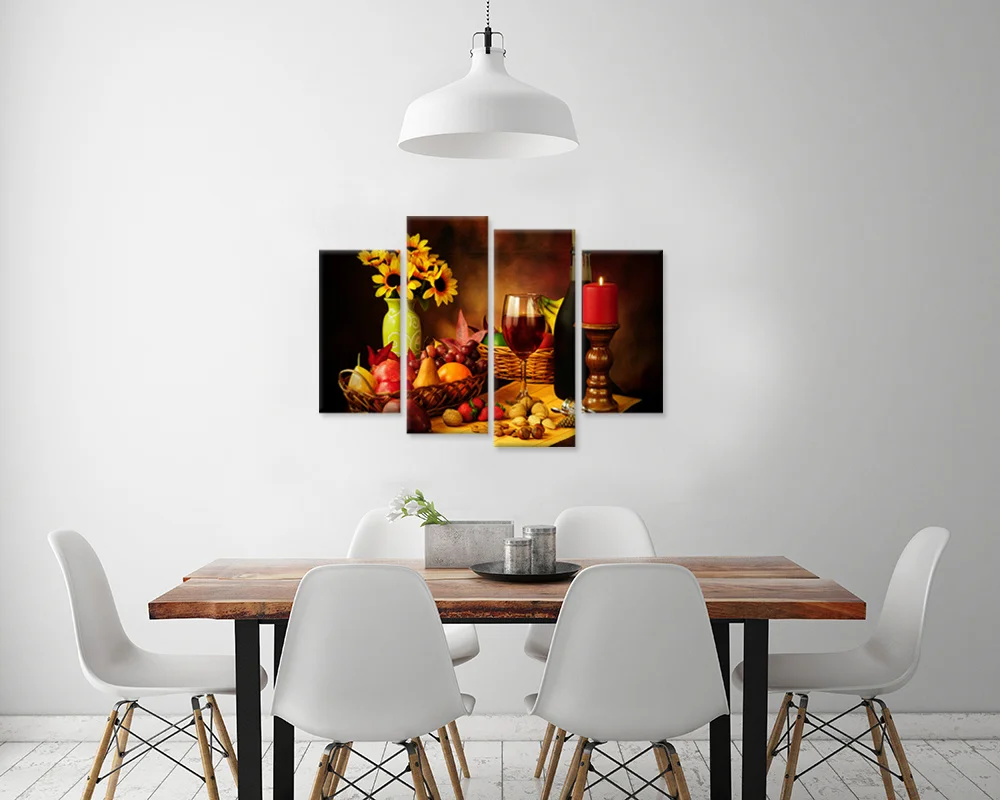 

Food Canvas Painting Sunflowers Nuts Fruit and Red Wine Wall Art Poster 4 Pieces Dinner HD Print Modern Home Decor Picture