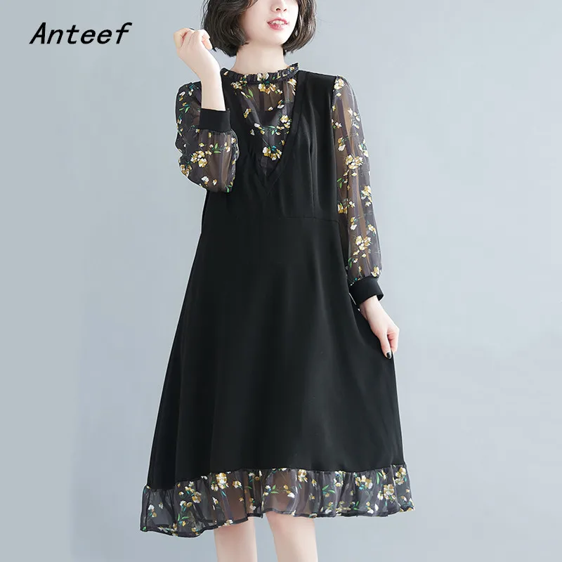 

Женское винтажное платье с цветочным принтом Anteef размера плюс, повседневное свободное платье средней длины на весну и осень, элегантная одежда 2022