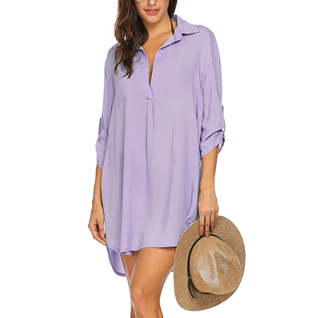 

Beach Bathing Suit Sweet Seven-sleeved Chiffon Shirt Dress Women Dress European and American Women's Deep V Neckline