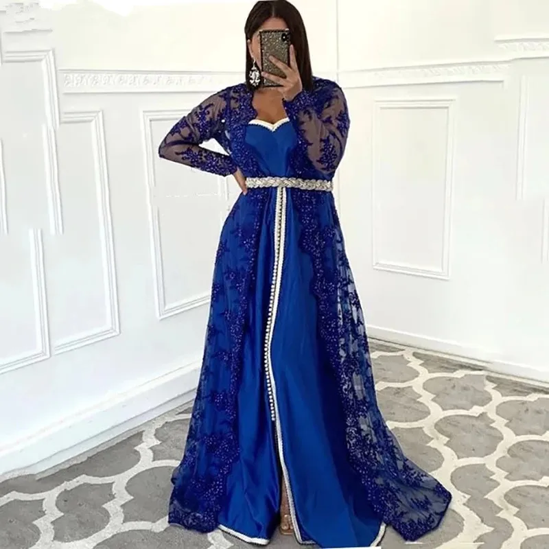 

Ярко-синий марокканский кафтан, искусственное вечернее платье, а-силуэт, шифоновая аппликация, Дубай, Арабская, Турция, абайя, исламское вечернее платье