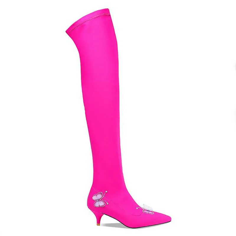 

2020 Newest Butterfly Stretch Over The Knee Boots Women Pointed Toe Rhinestone Strange High Heels Botas De Mujer Sexy Long Boots