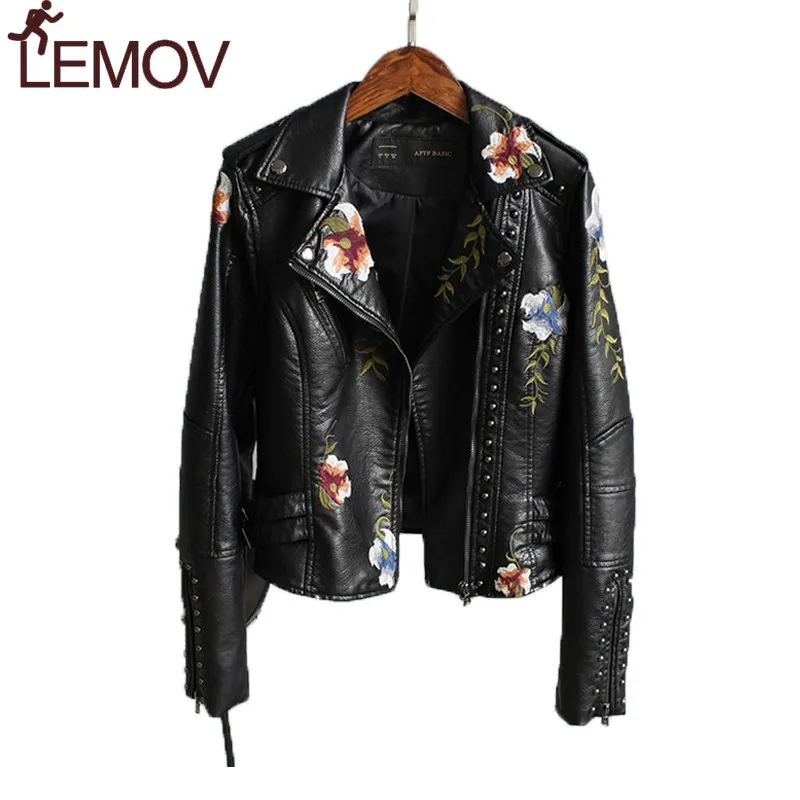 Женский цветочный узор вышивка куртка из искусственной мягкой кожи пальто с