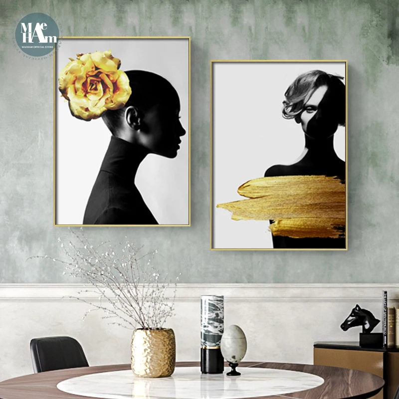 Фигурки листьев фиолетового и золотого растений холст плакат современный