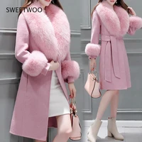 elegant fashion long wool coat collar detachable fur collar wool blend coat and jacket solid women coats autumn winter