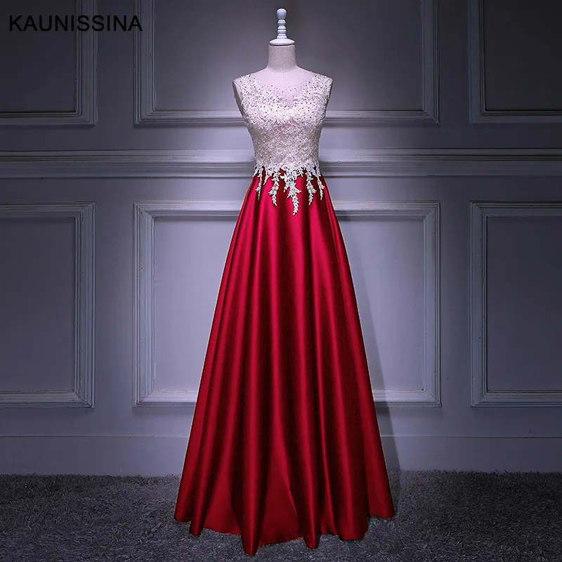 Long Red KAUNISSINA, женское вечернее платье для церемонии, длинное платье, круглый вырез, кружево, атлас, бисер, длина до пола, платье для выпускного вечера, настоящая фотография, Vestido - Цвет: Long Red