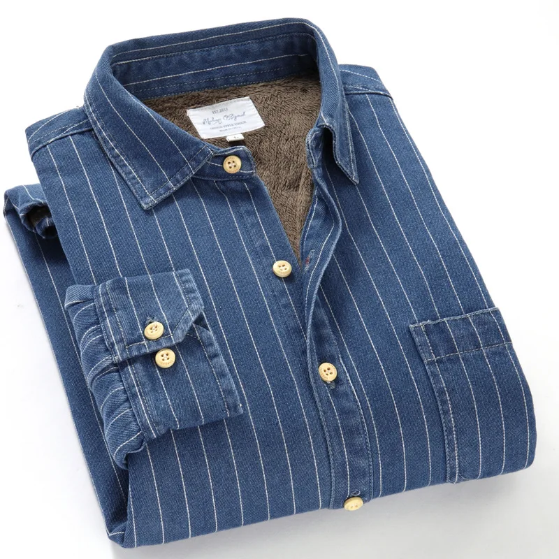 

Brand New Winter Denim Striped Shirt 100% Cotton Long Sleeves Casual Simple Comfortable Warm Bottoming Shirt