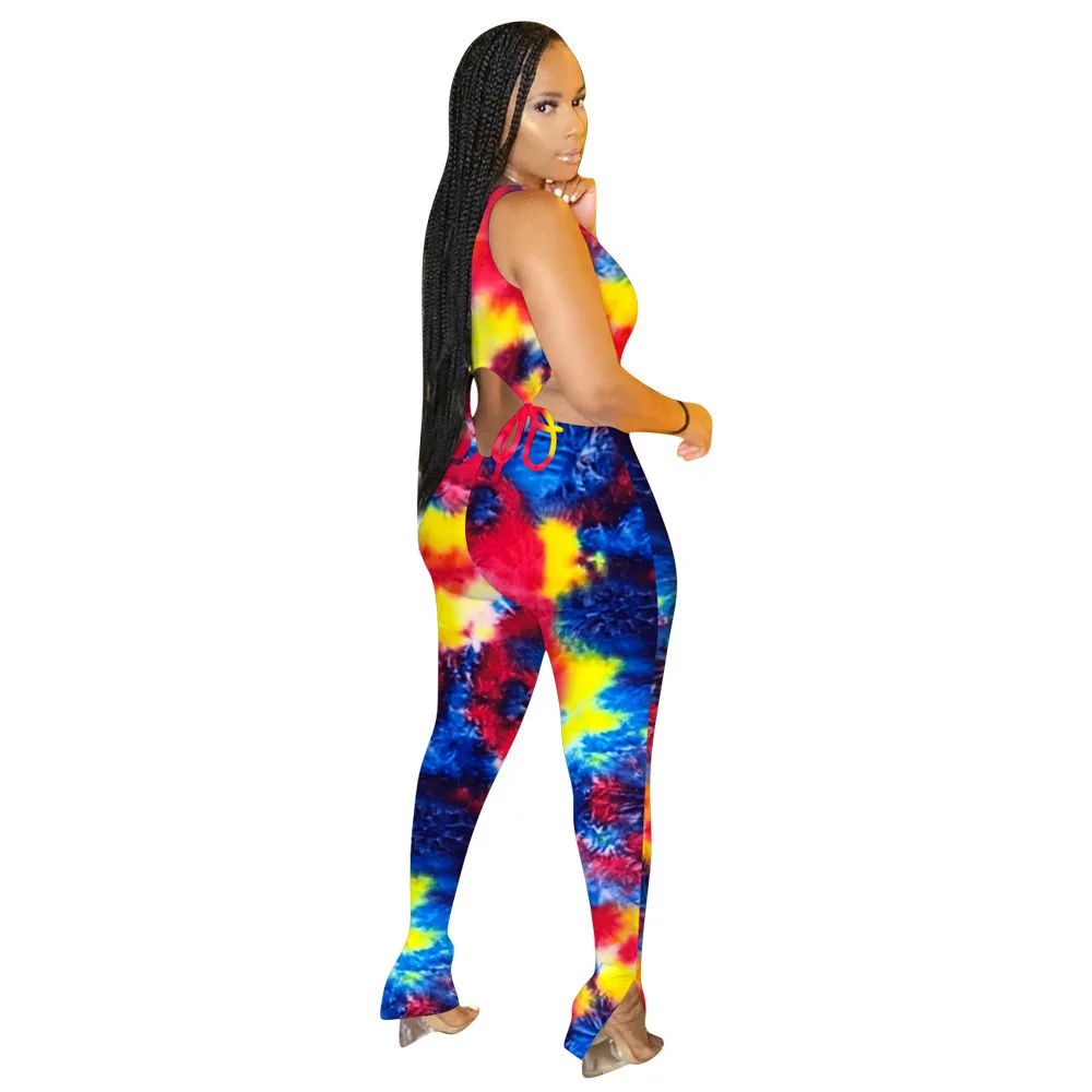 

rainbow tie dye print 2 piece sets women's costumes slim fit tank crop top high waist split hem skinny pant lounge wear outfits