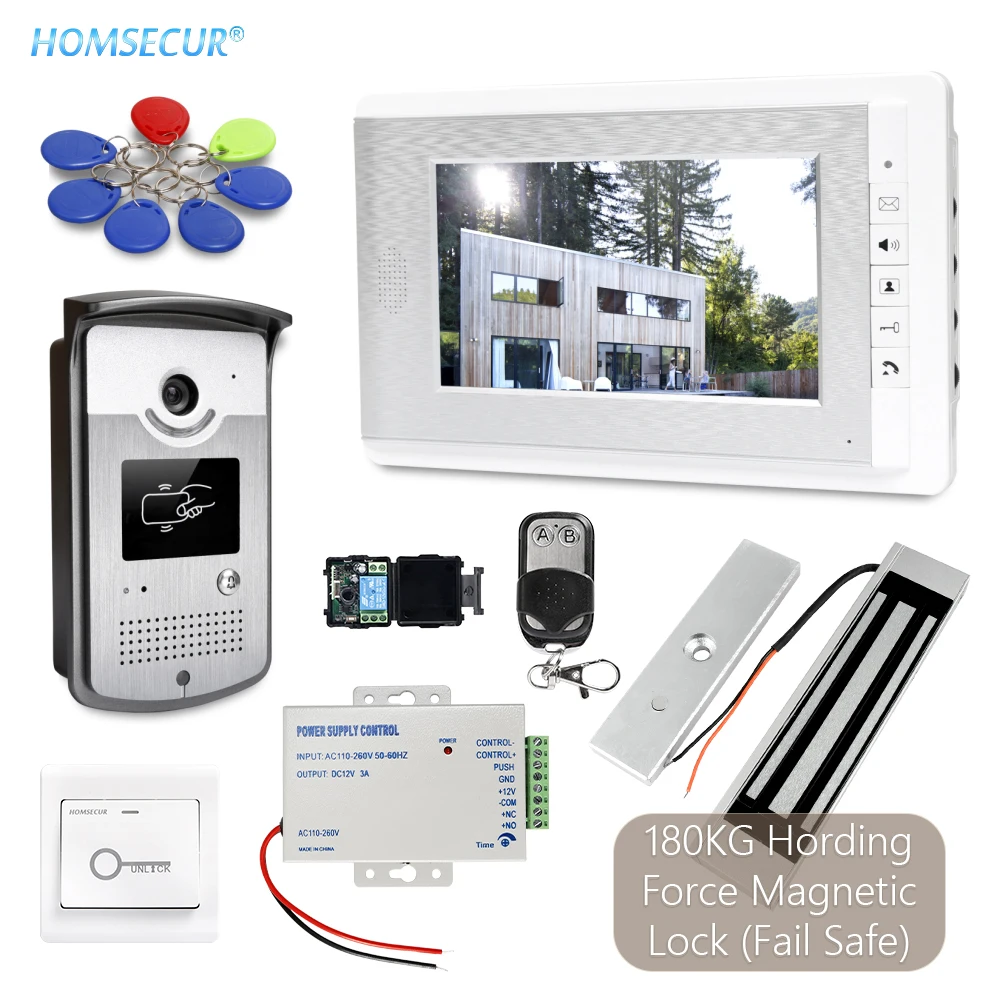 

Видеодомофон HOMSECUR проводной, 7 дюймов, 1 монитор, 1 RFID-камера + Электрический магнитный замок, 180 кг