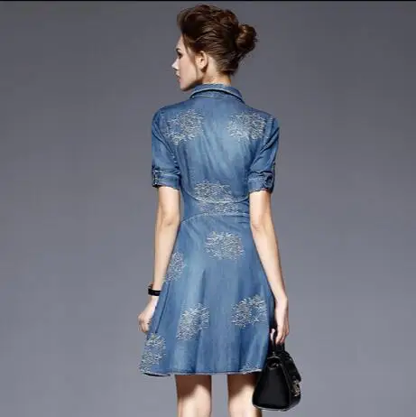 Летнее джинсовое платье женская рубашка с вышивкой офисная одежда Ретро стиль