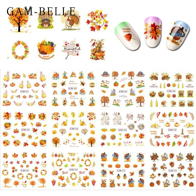 GAM-BELLE 12 шт./компл. желтая Осенняя Серия наклейки для ногтей дерево Тыква листья