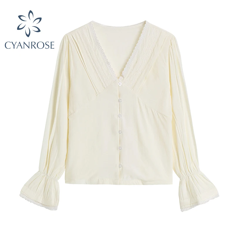 

Женская шифоновая блузка с V-образным вырезом, длинным рукавом и кружевом