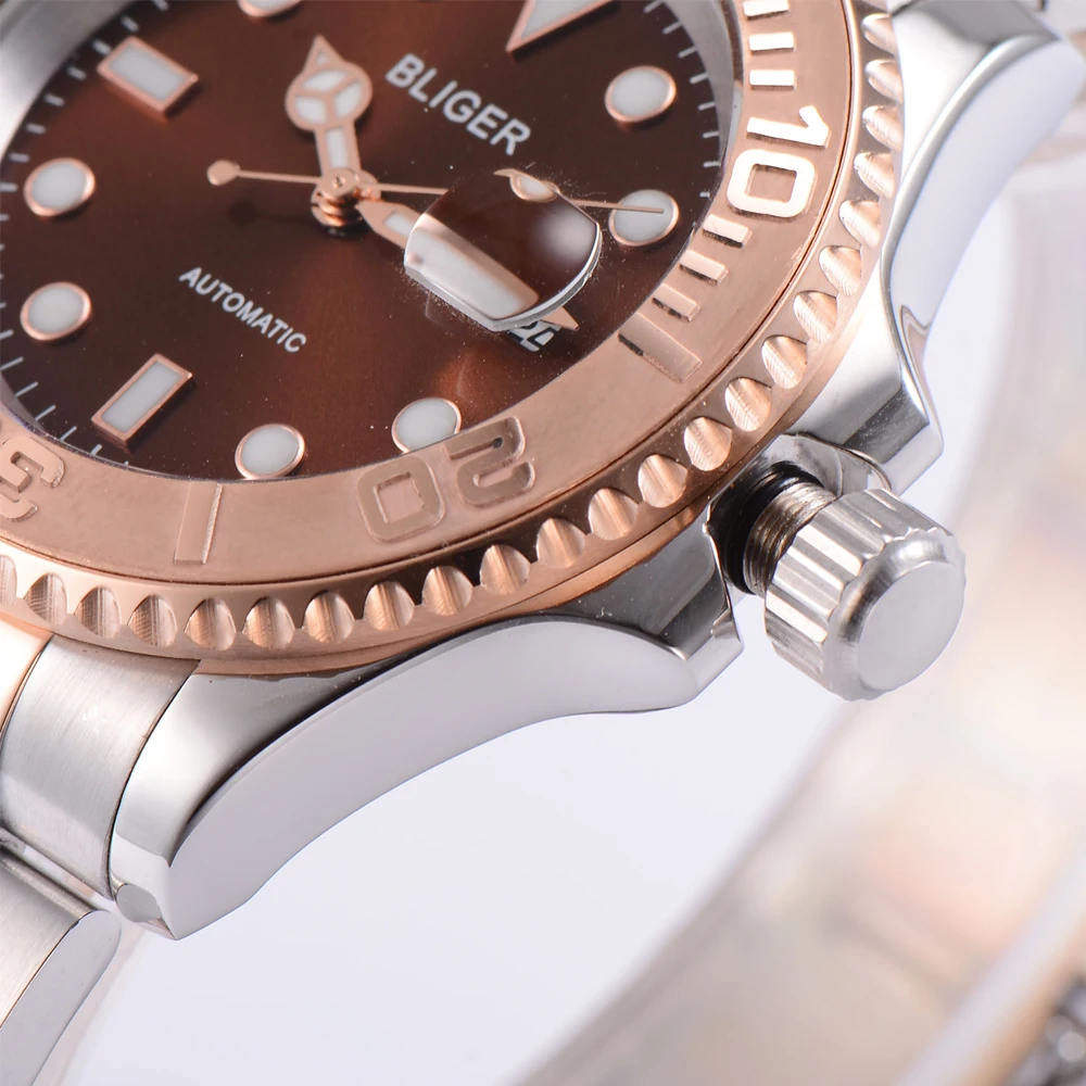 Мужские автоматические механические часы BLIGER 40 мм с циферблатом кофейного цвета