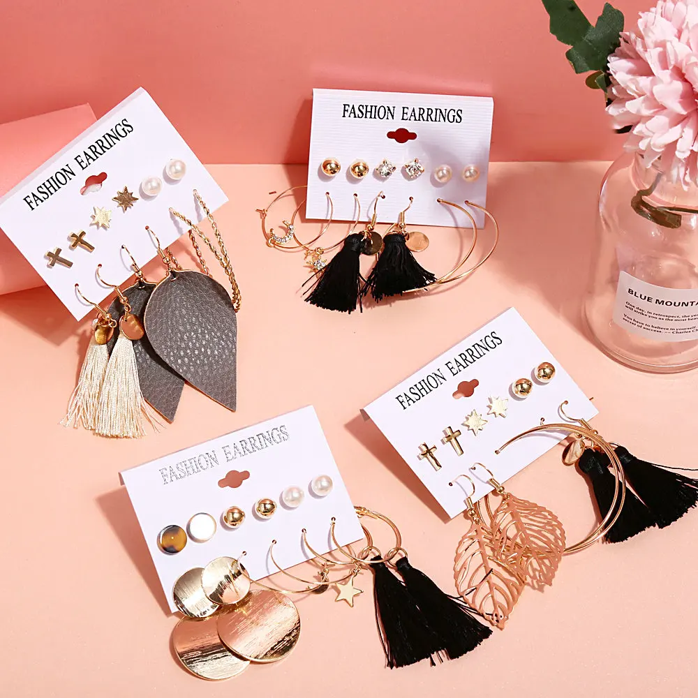 

6Pair/Set Fashion Earrings Set for Women Girl Unique Design Geometric Big Circle Earrings Acrylic Pearl Woolen Tassel Jewelry