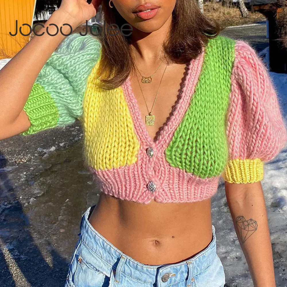 

Jocoo Jolee Sexy V Neck Puff Short Sleeve Color Block Cardigan Elegant Patchwork Sweater Knitting Cropped Tops Slim Clothes