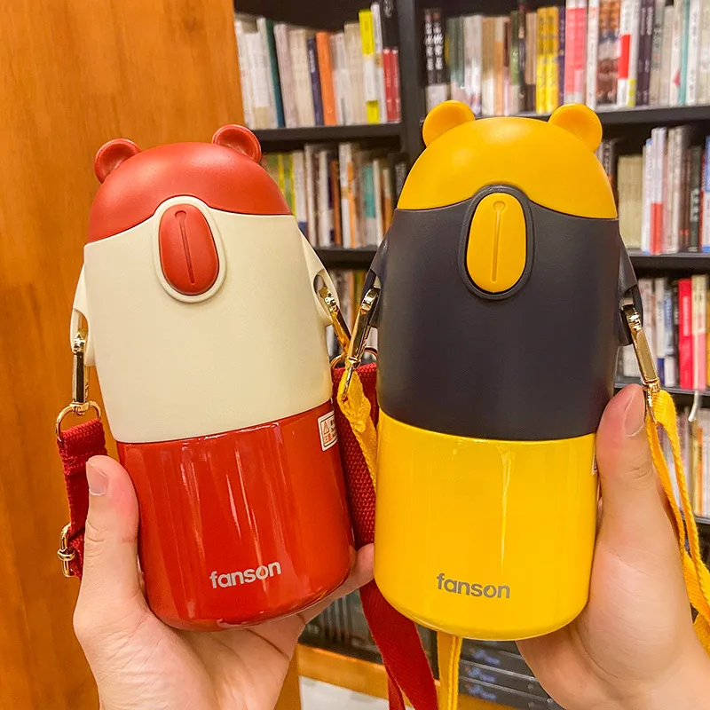 

Portable Vacuum Stainless Dteel Thermos Cup Creative Bear Couples Thermos Straw Cup Leakproof Outdoor Student Straw Water Bottle