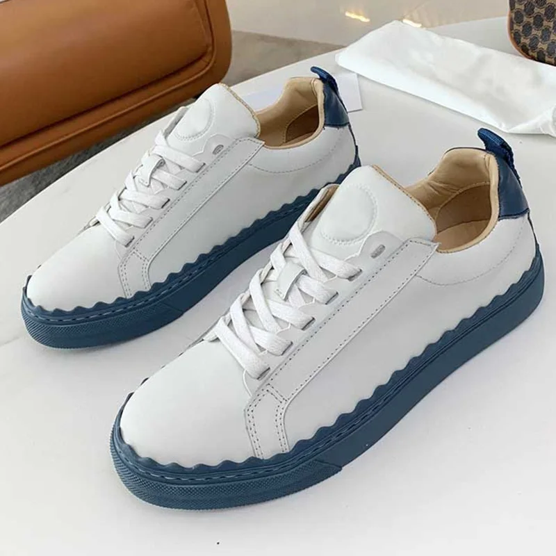 

Women Flat Shoes Luxury Brand Women's Sneakers Casual Shoes Real Leather Tennis Shoes Round Toe Lace Up Mix Color Female Shoes