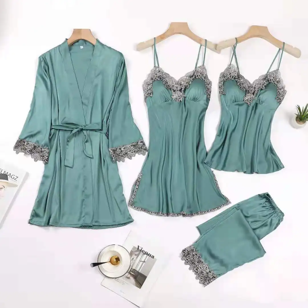 

Satin Sleepwear 4PCS Pajamas Set Women Lounge Wear Loose Intimate Lingerie With Lace Home Clothes Pyjamas Kimono Bathrobe Gown