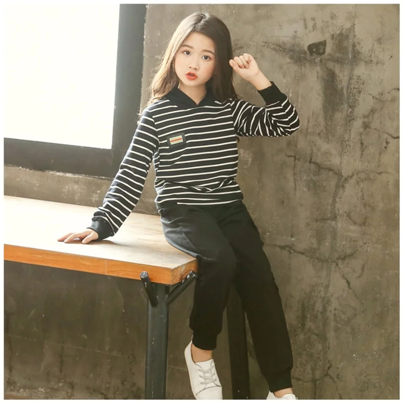 

Black Pullover Spring Summer Children's Clothes Set Baby Girls Sweatshirts + Pants 2pcs/Set Kids Costume Teenage Girl Clothing