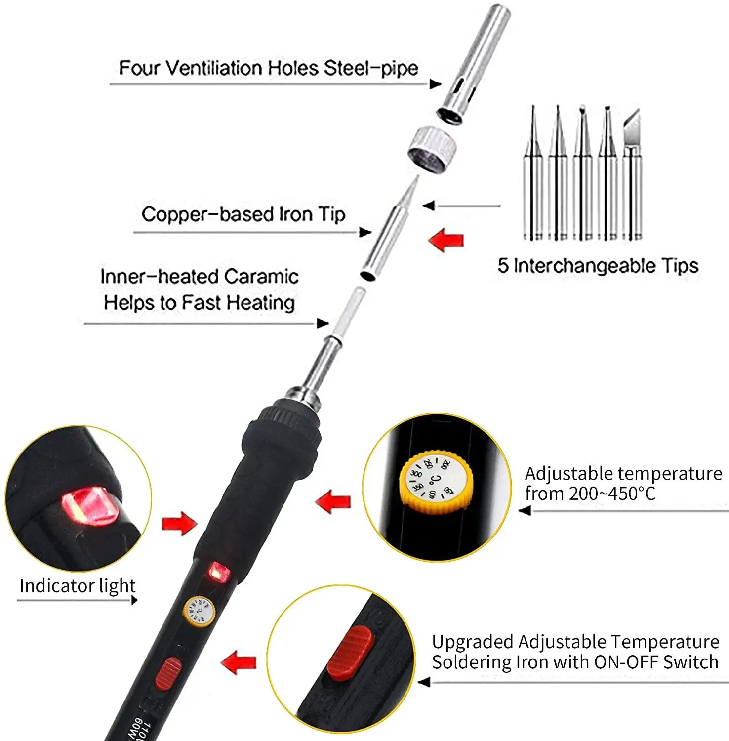 

Dropship 5 In1 220V 60W Adjustable Temperature Electric Soldering Iron Internal Heating Solder Station Repair Tool With 5 Tip