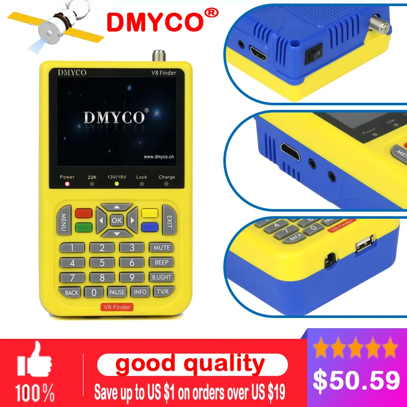 100% оригинал DMYCO V8 цифровой ТВ SatFinder HD DVB S2 высокой четкости спутниковый искатель MPEG