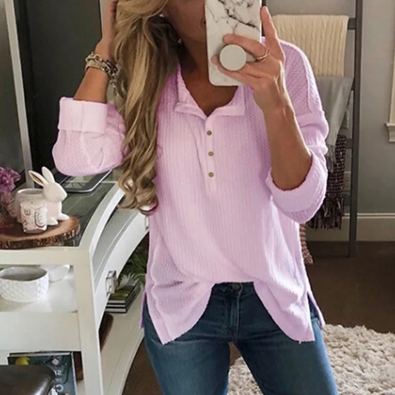 

Pop Women Autumn T-shirts Long Sleeves Stand Collar Buttons Pullover Loose Tops Pop 88