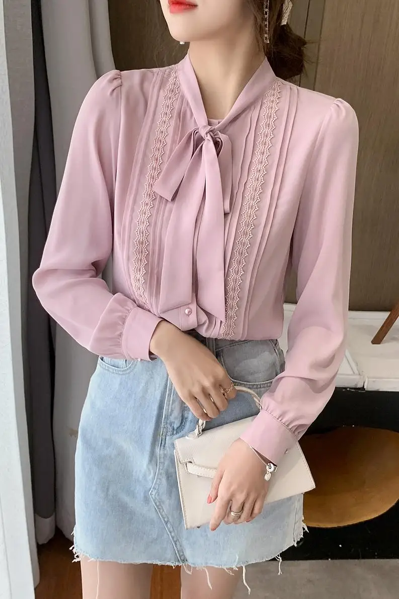 

New V-neck Long Sleeve Blouse Summer Bow Splicing Blouses Casual Comfortable Fashion Shirt Chiffon