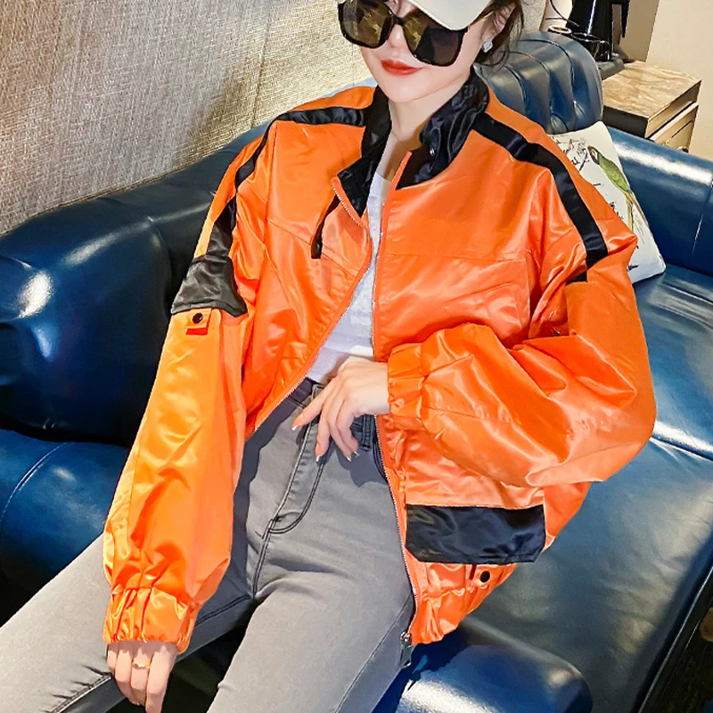 

2021 Spring Autumn Round Neck Contrast Color Short Long Sleeve Quilted Baseball Jacket Women's All-Match Small Baseball Uniform