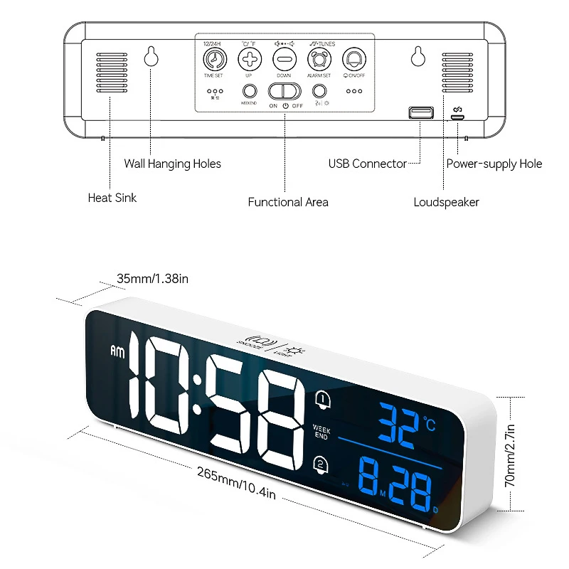 

Music LED Digital Alarm Clock Temperature Date Display Desktop Mirror Clocks Home Table Decoration Electronic Clock 2000 mAh