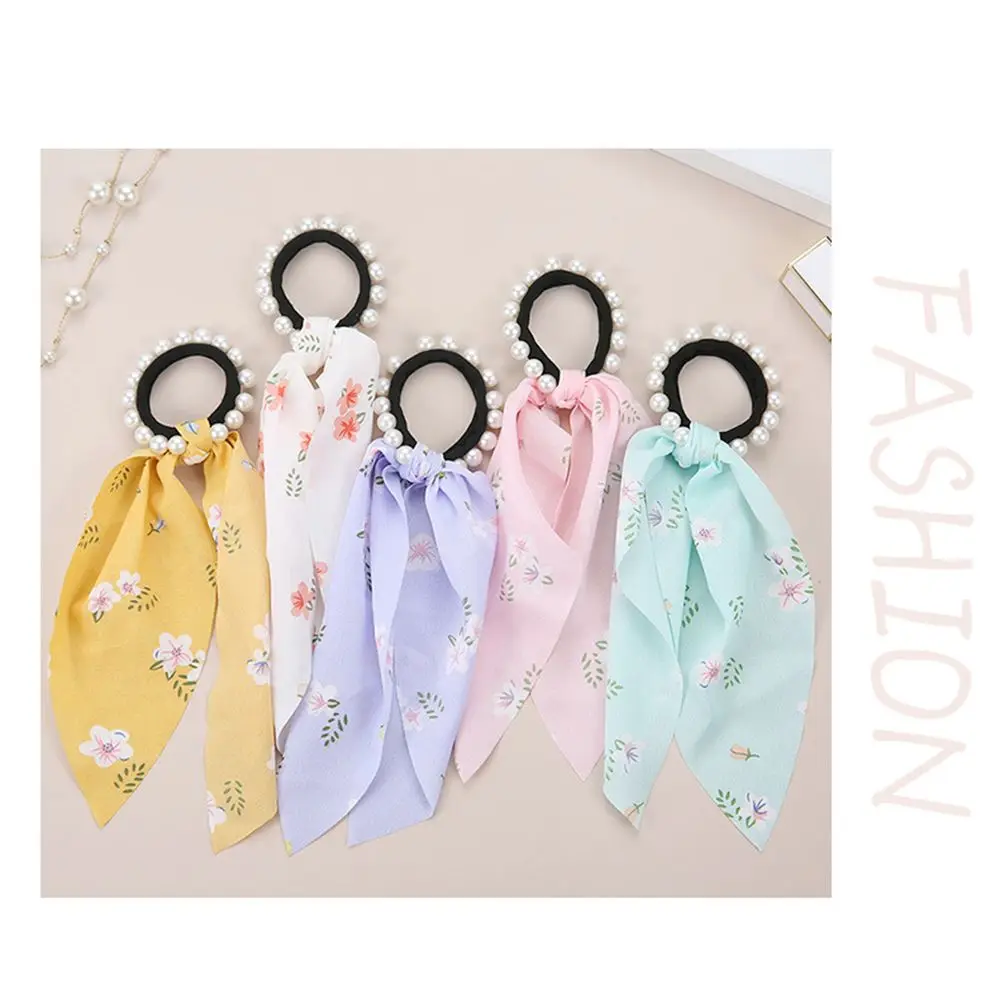 

Ponytail Flowers Headwear Flexible Bowknot Hair Scarf Hair Ring Pearl Hair Rope Bow Head Rope Pearl Hair Tie