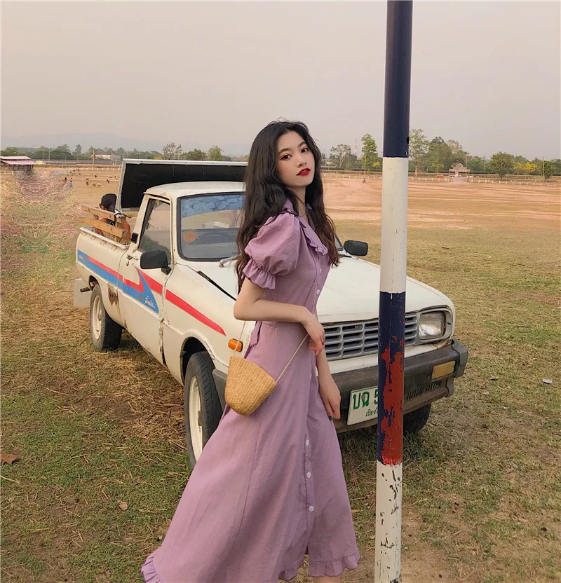 Летнее женское платье в Корейском стиле милое с короткими рукавами и воротником