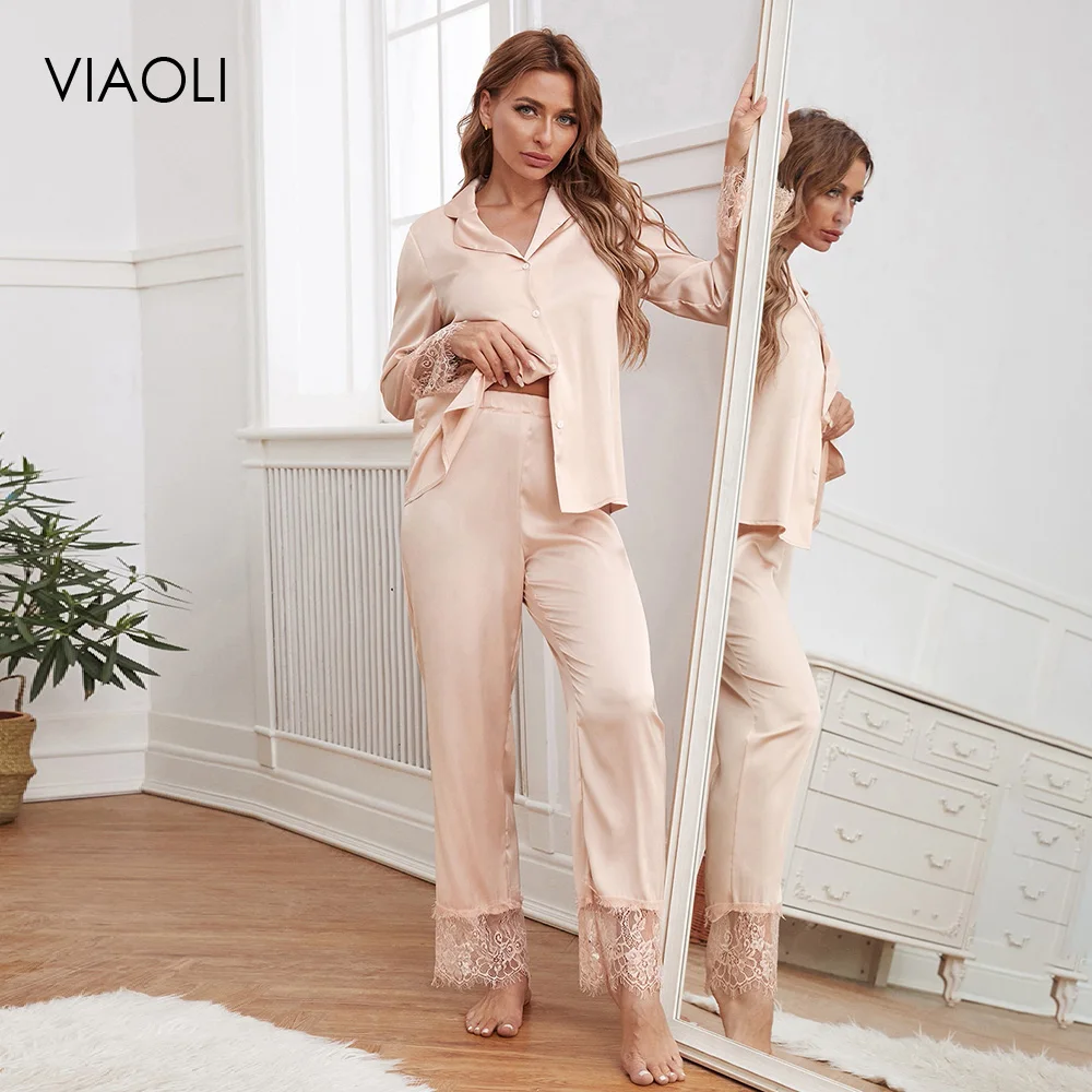 Пижамный комплект из двух предметов с длинными рукавами и брюками женская одежда