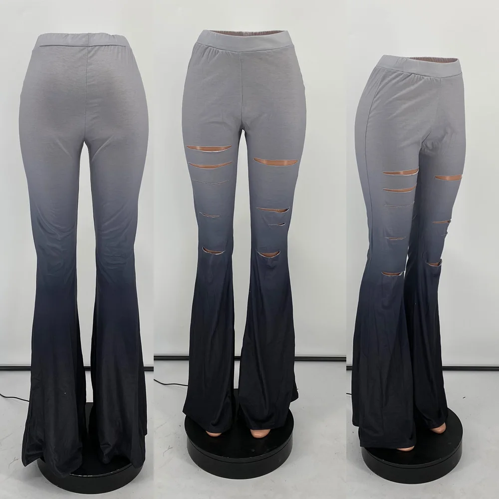 

Sexy Womens Flare Sweatpants Wide Leg Trousers Hollow Out Hole Gradient Color Long Pants Plus Size S-3XL Party Clubwear 2020