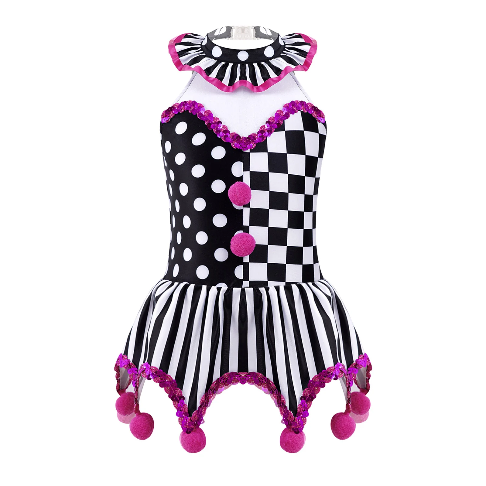 Circus Clown Joker Costume Kids Girls Halloween Cosplay Role Play Black And White Grid Pompoms Adorned Leotard Dress