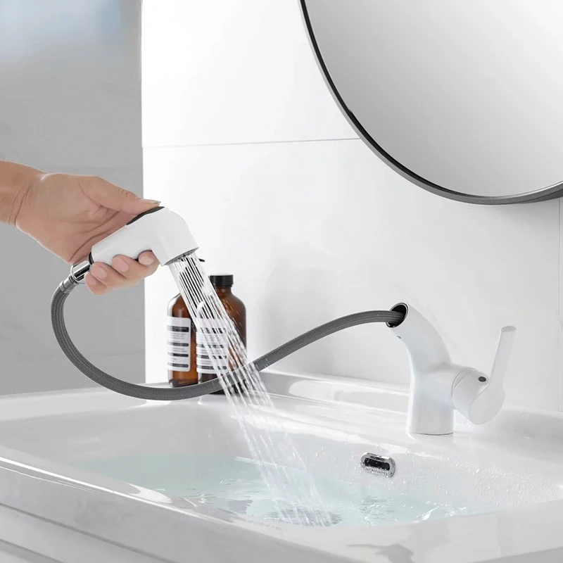 

Copper white drawing basin faucet bathroom bathroom hot and cold platform basin washbasin faucet retractable shampoo