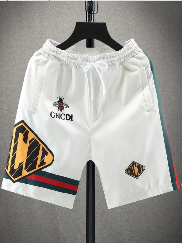 

QIWN Ice Silk Quick-drying Shorts Men's Trend Personality Printing Slim Five-point Pants Color Striped Beach Pants