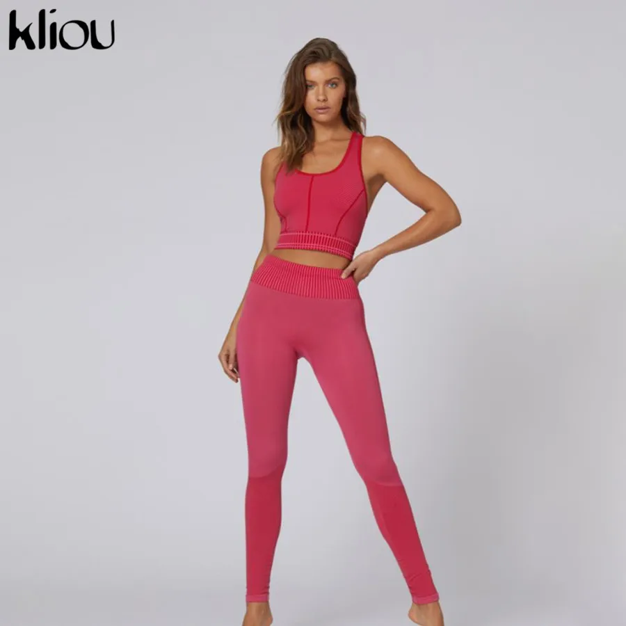 Kliou, Женский однотонный спортивный костюм, из кусков, для бега, фитнеса, комплект из 2 предметов, жилет, укороченный топ, леггинсы, для бега, спортивная одежда, одежда для тренировок