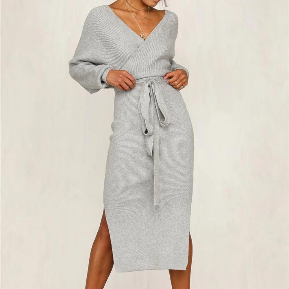 Элегантное трикотажное платье-свитер женское осеннее сексуальное платье с